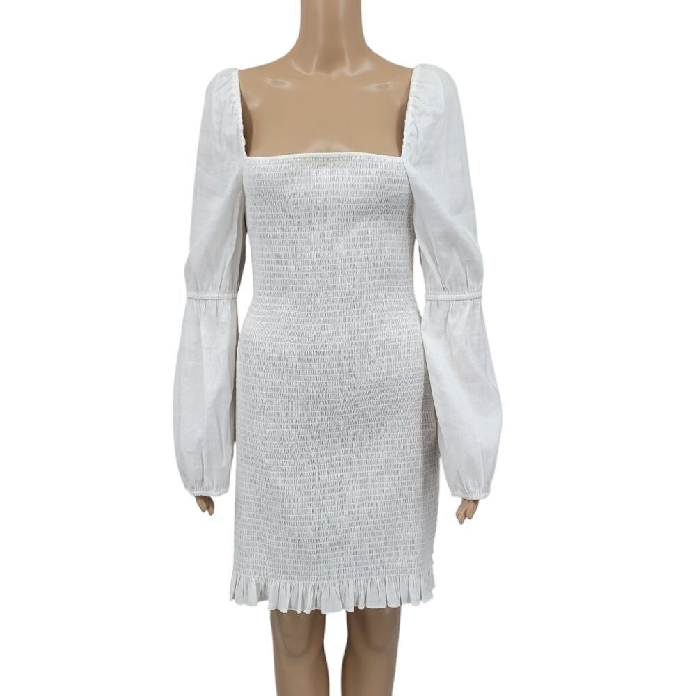 Gianni Bini Tally Smocked Linen Blend White Puff Long Sleeve Dress Large NEW - Picture 3 of 16